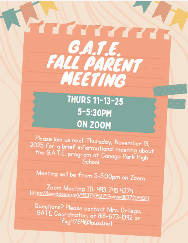 Gate Fall Parent Meeting via zoom on November 13th at 5pm
