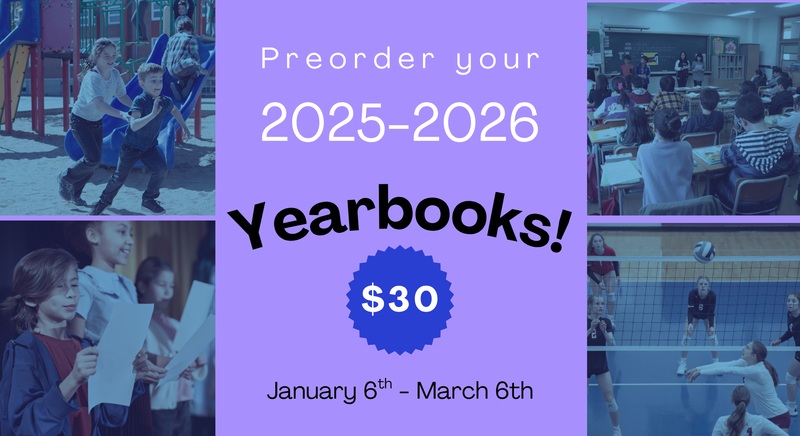 Various images of students at school. Information about yearbook sales.