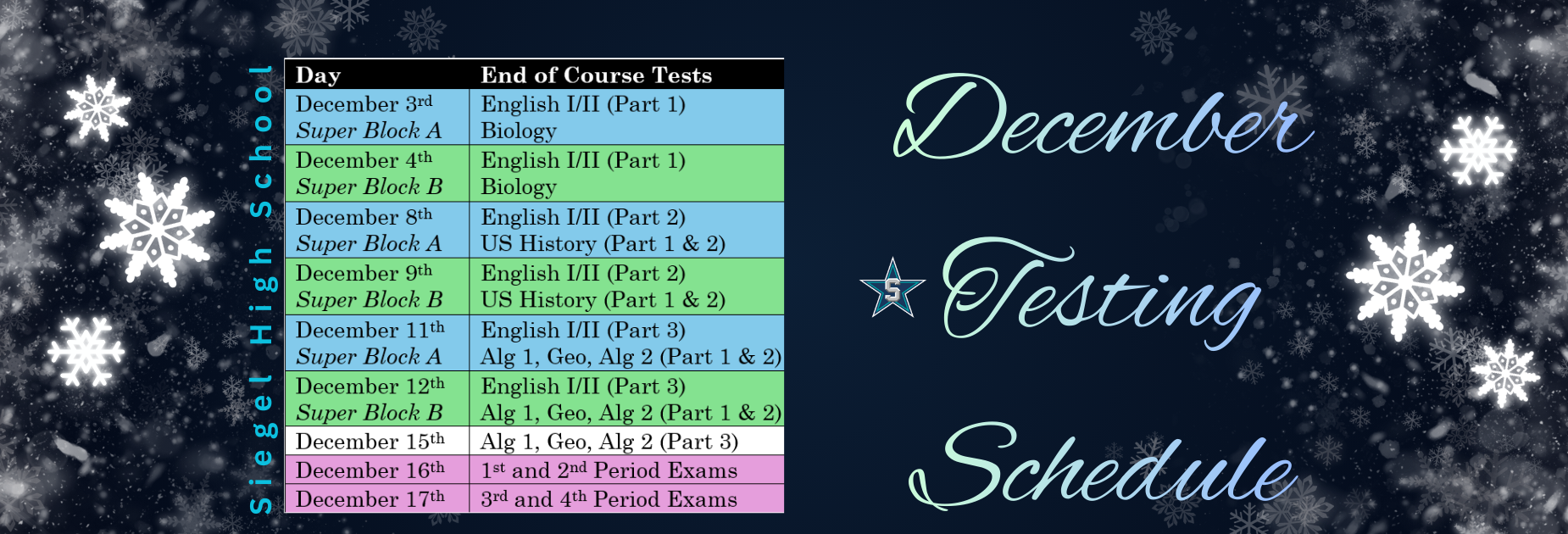 December 2025 Testing Schedule @ SGH