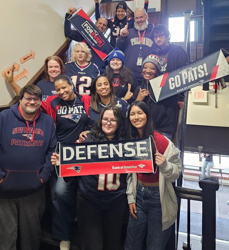 Students and staff dressed for Patriots Spirit Day