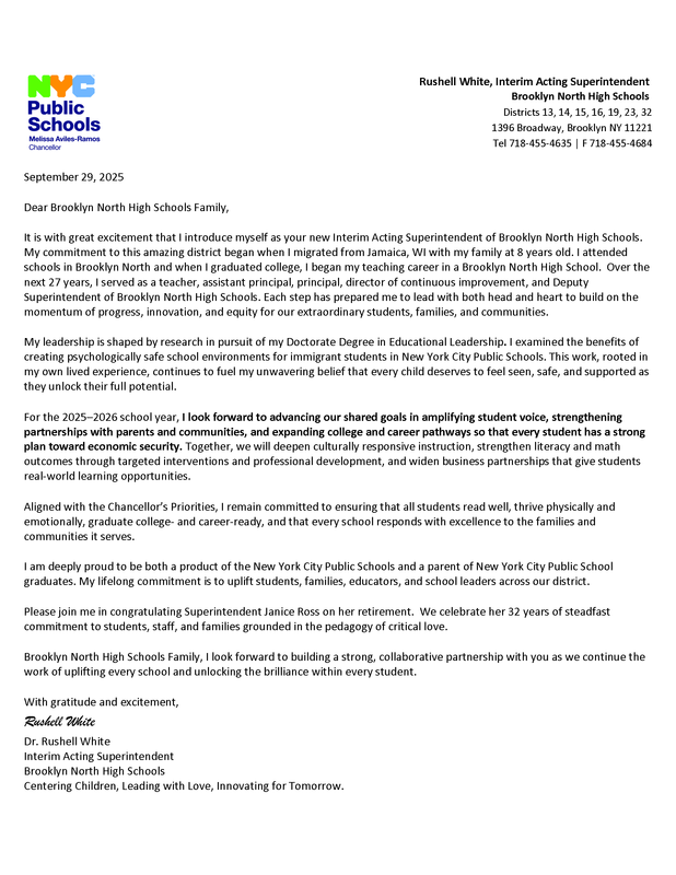Message from Interim Acting Superintendent Dr, Rushell White - September 29, 2025