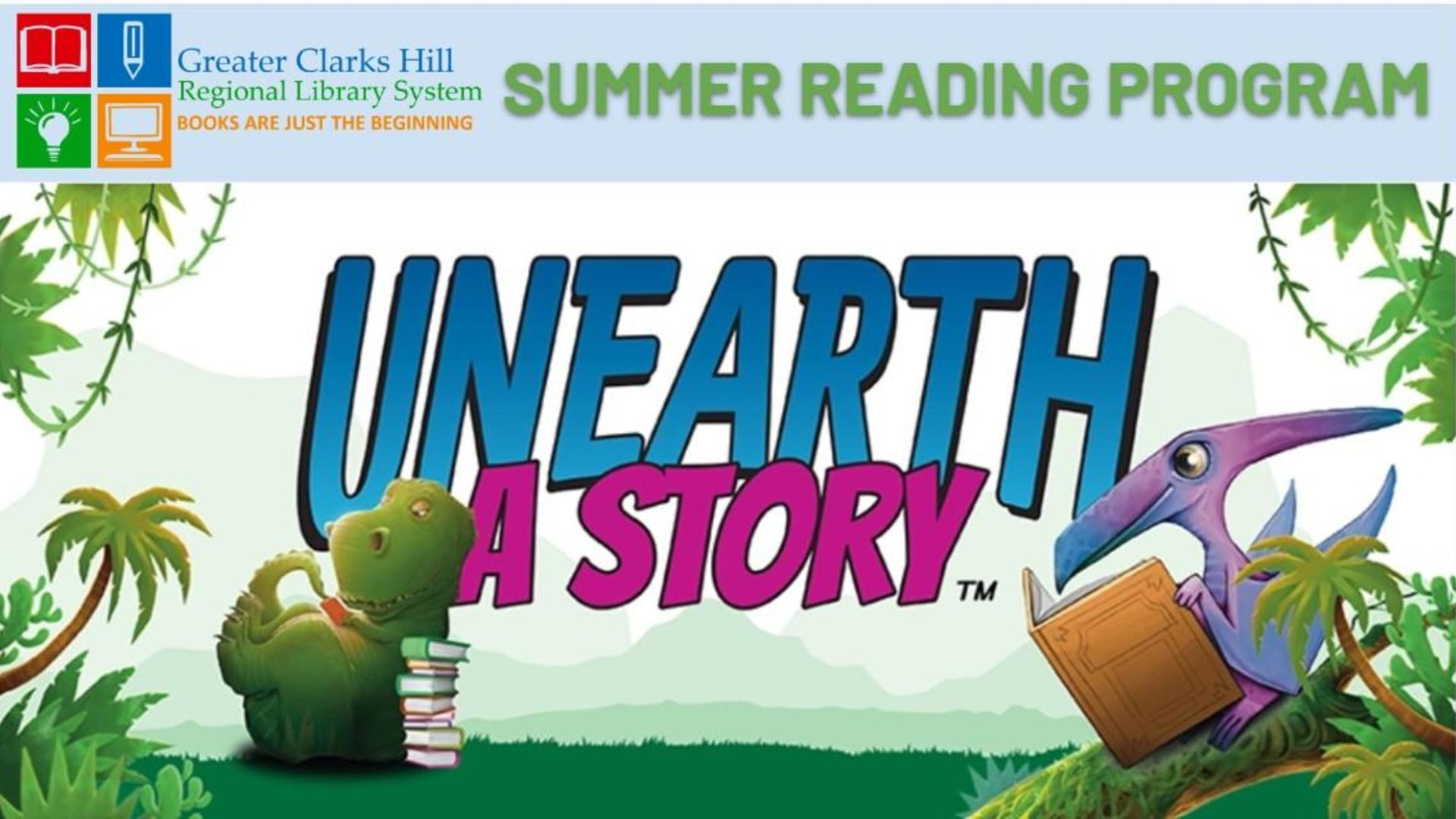 Colorful banner promoting summer reading program with dinosaur graphics.
