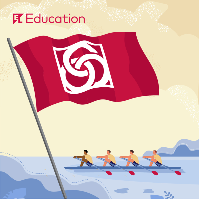 A graphic featuring a red flag with a rowing team on water in the background from EL Education
