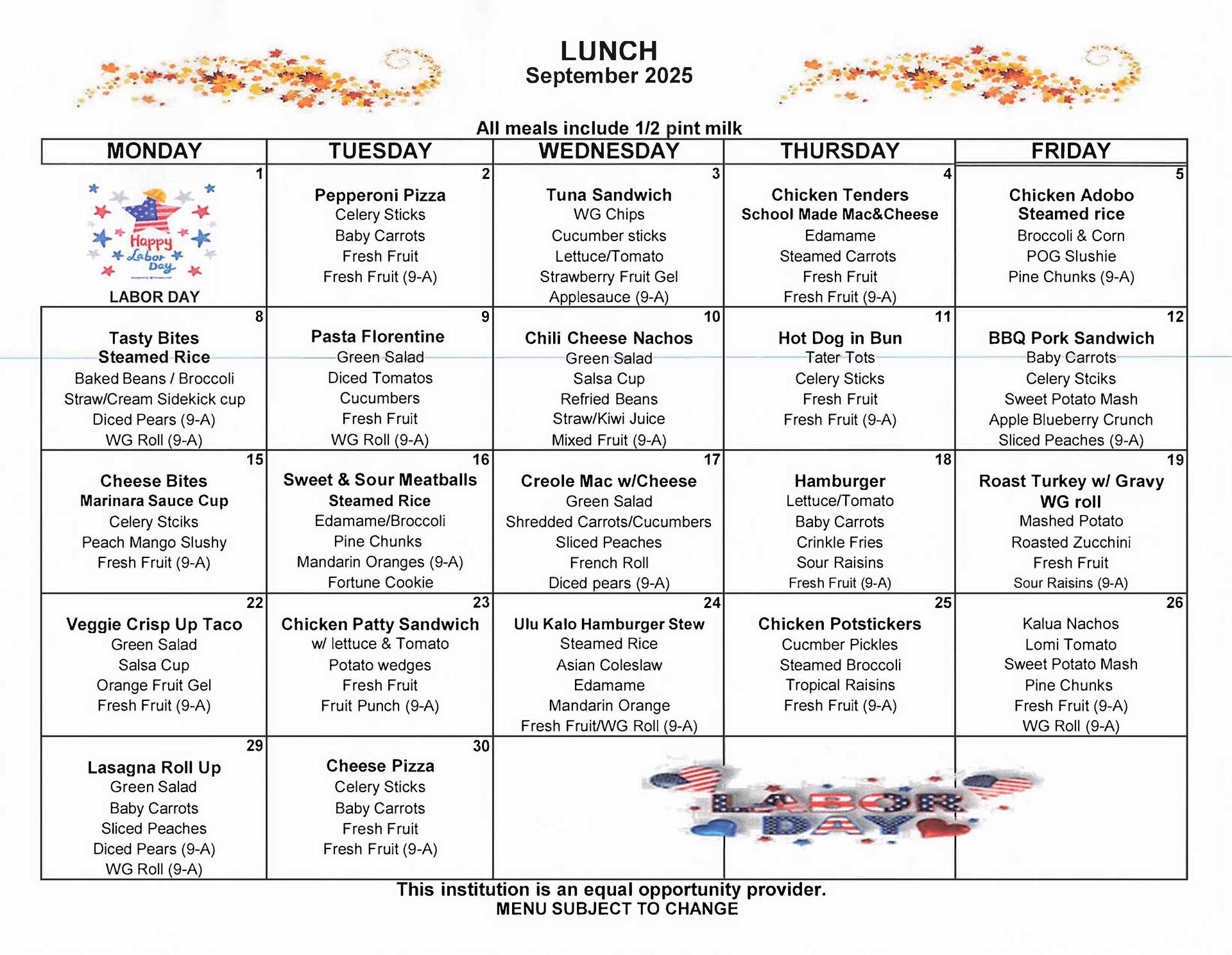 September - Lunch Menu