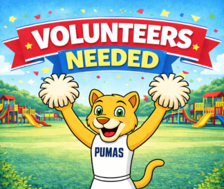 Volunteers Needed with illustrated puma holding pom poms