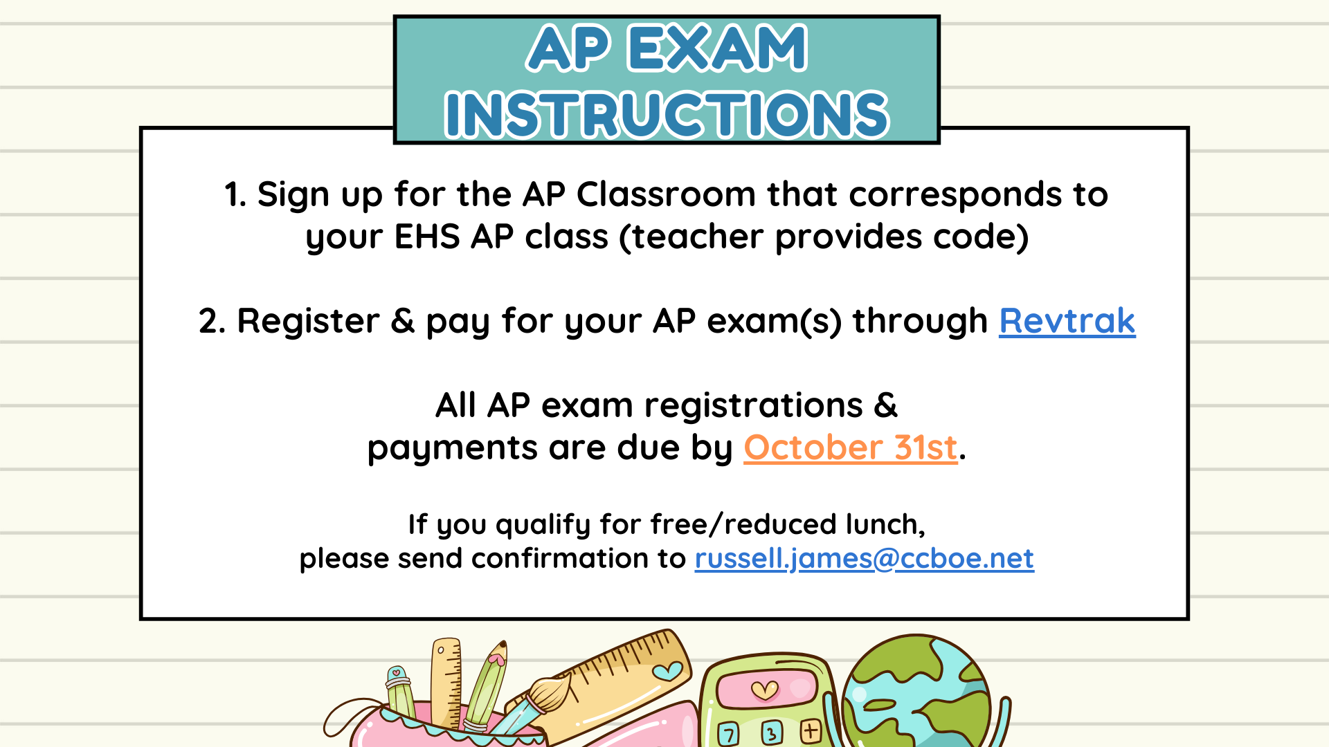Colorful infographic outlining AP exam instructions with stationery and a globe.
