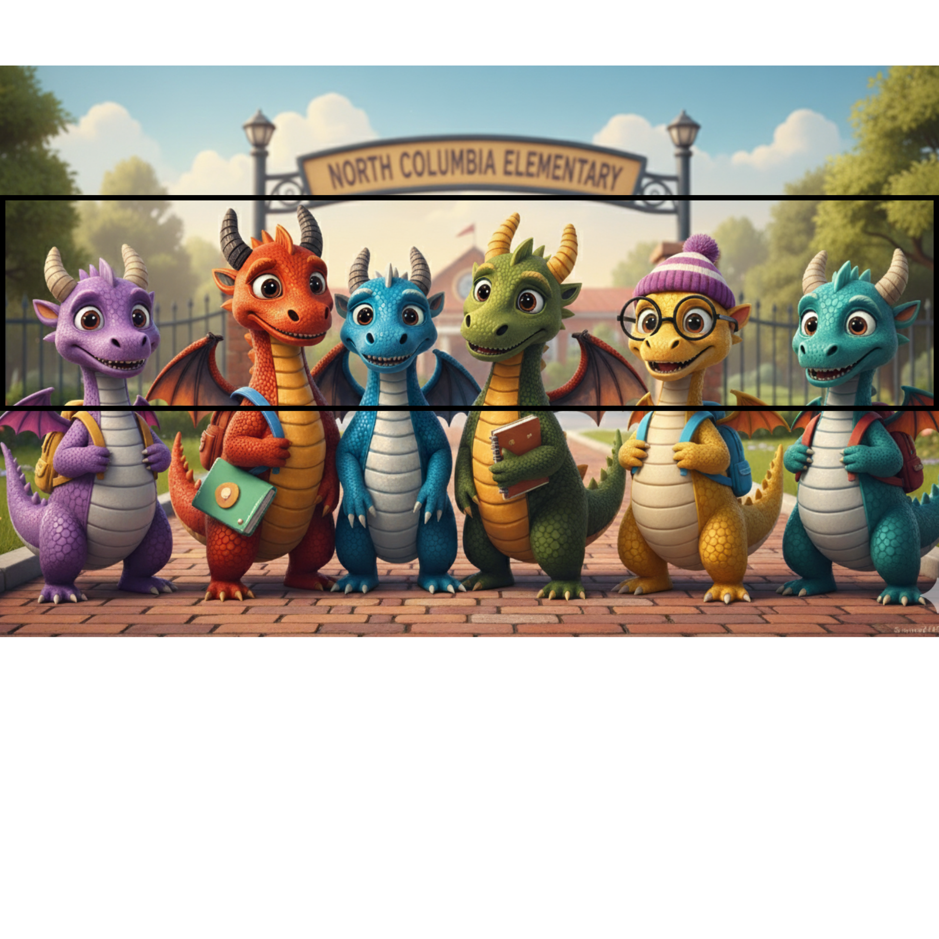 Six colorful cartoon dragons standing in front of a school entrance.
