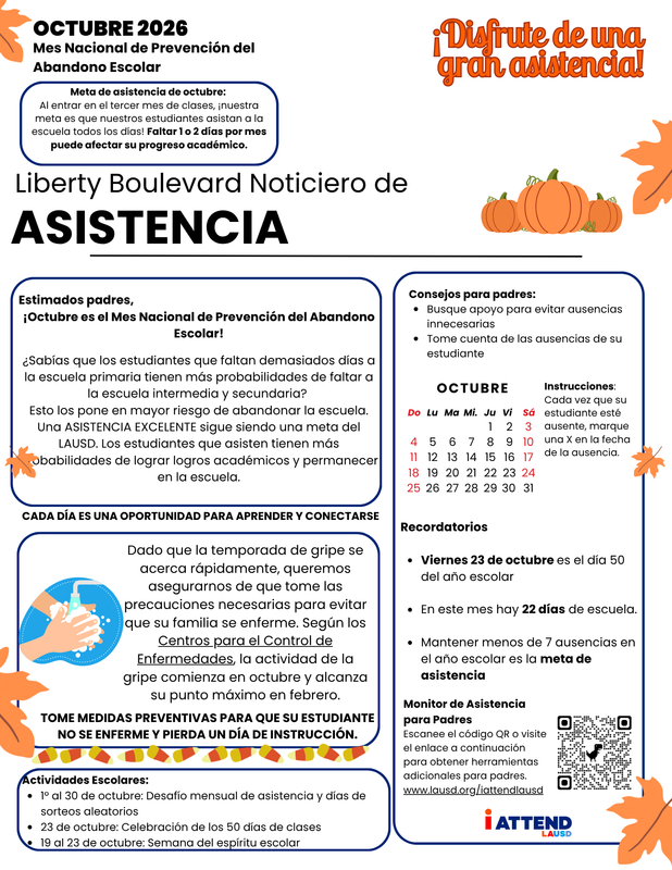 Liberty Blvd. Attendance Newsletter Spanish
