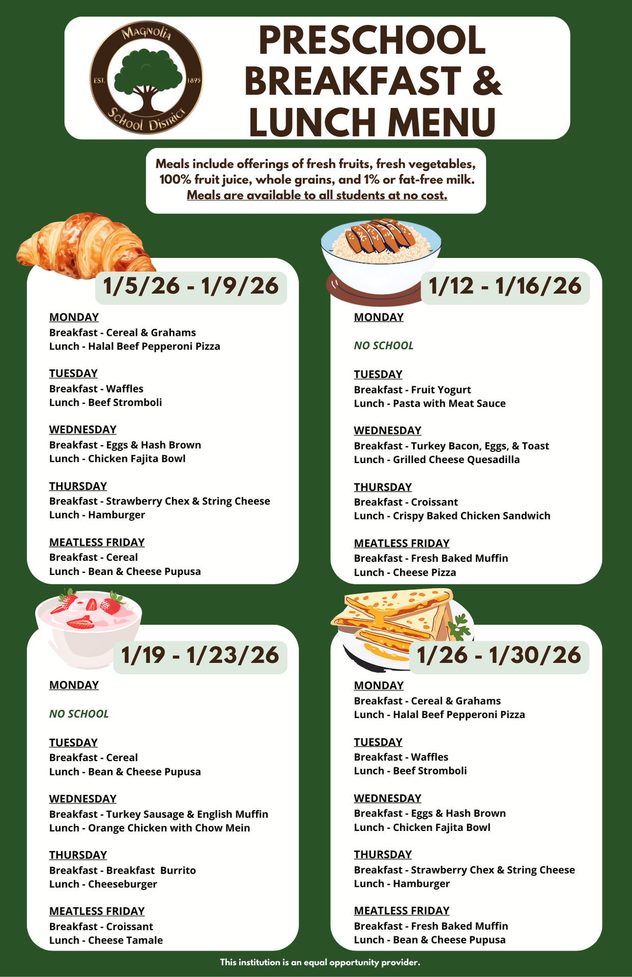 Preschool Breakfast and Lunch Menu for JAN 2026