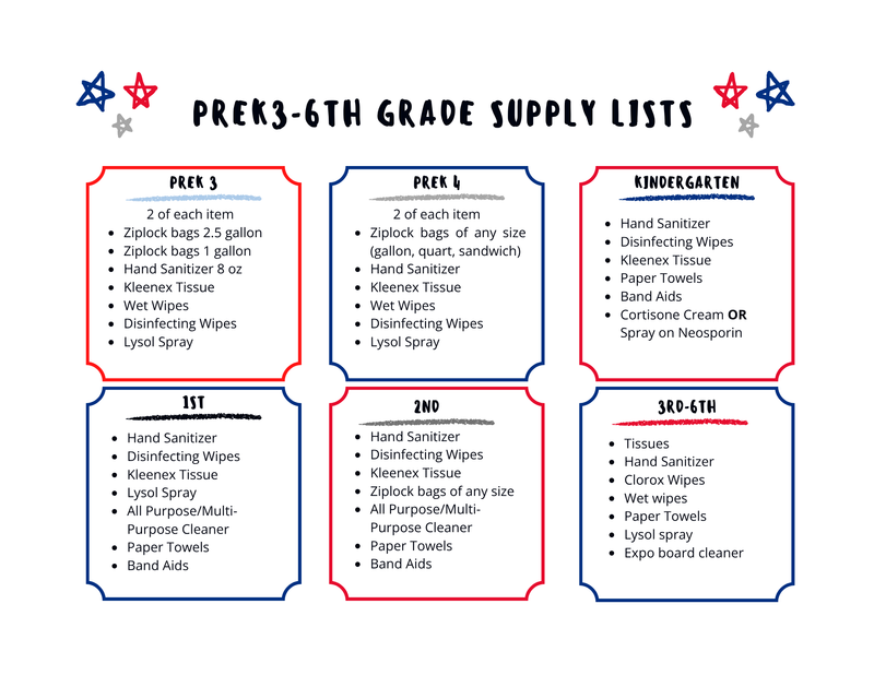 Classroom Supply Lists PK3-6th Grade