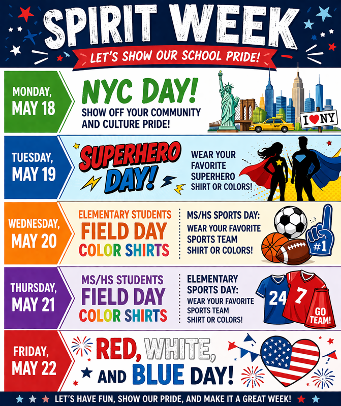 A graphic displays a school Spirit Week schedule with daily themes and dates from Monday, May 18 to Friday, May 22.