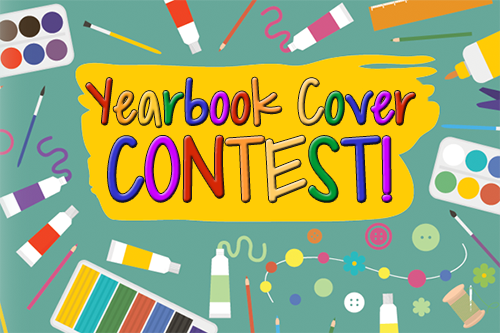 School supplies floating around and the words Yearbook Cover Contest colorfully put over yellow backdrop.