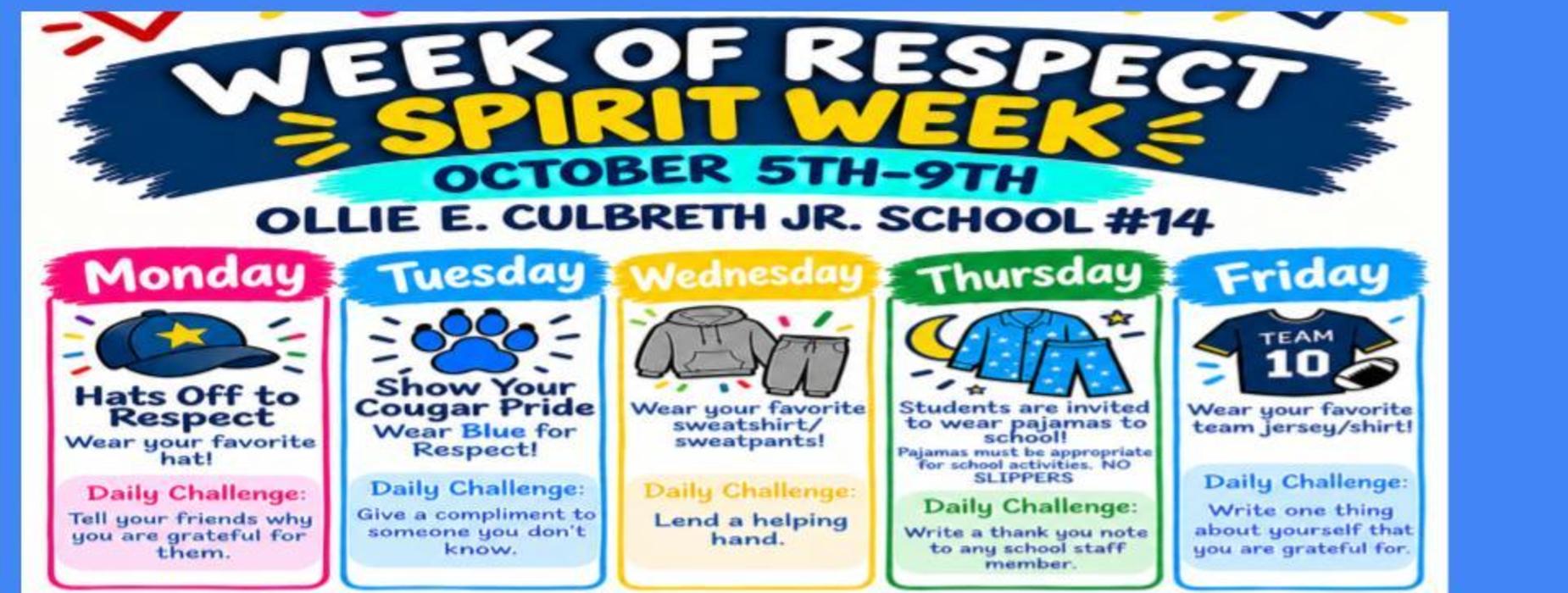 Colorful schedule for 'Week of Respect' with daily themes and challenges.