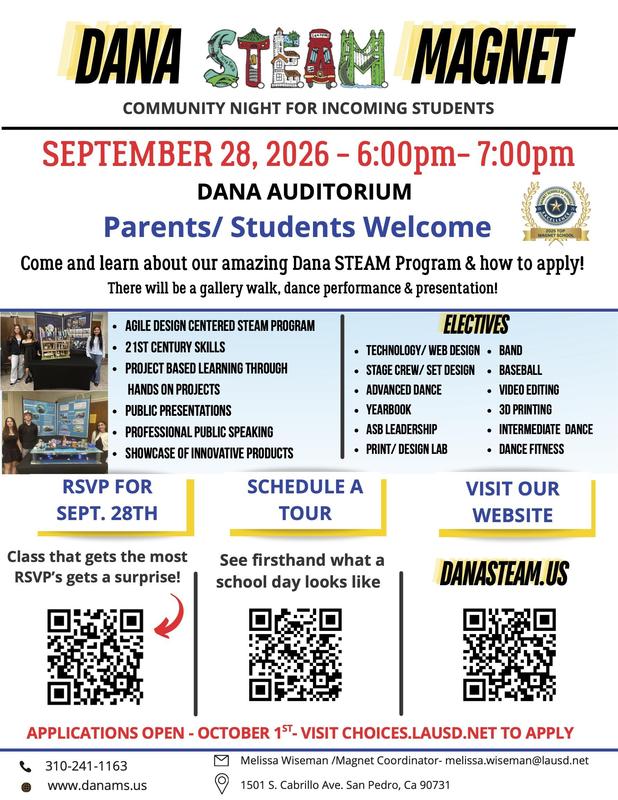 flyer to invite Taper 5t grade parents for community night at Dana Middle school on 9-28-26