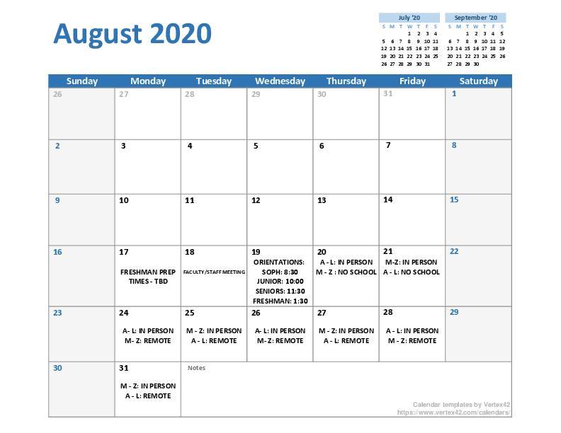 August 2020 Daily Calendar