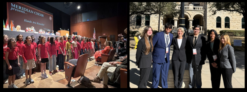 Fifth graders sing; Ms. Nunn stands with student organizers