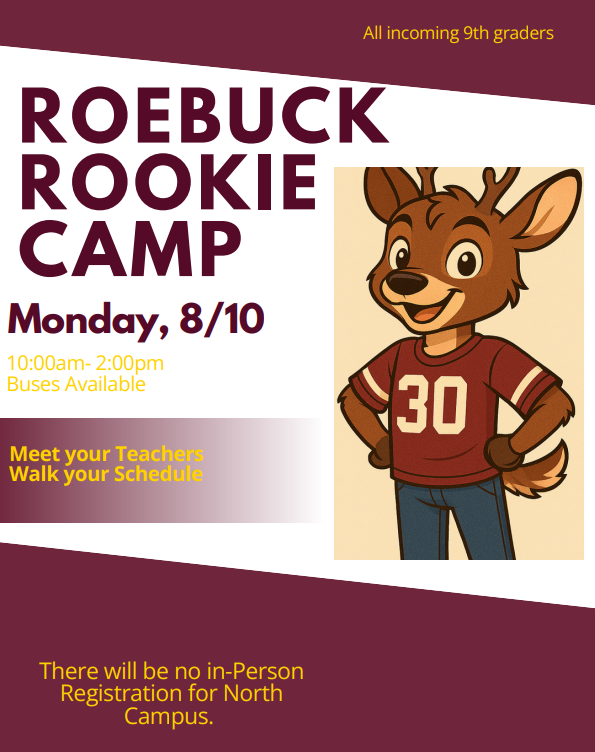 Roebuck Rookie Camp, 8/10, 10-2, Maroon and white background with a Deer