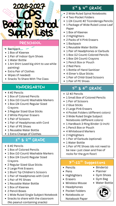 Back-to-school graphic announcing that 2026–2027 school supply lists are available for Loup County Public Schools. The graphic directs families to view supply lists by grade level and includes a reminder that school begins Monday, August 17, 2026.
