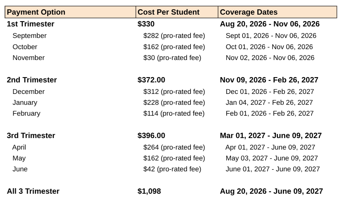 Bus Pass Fee Schedule