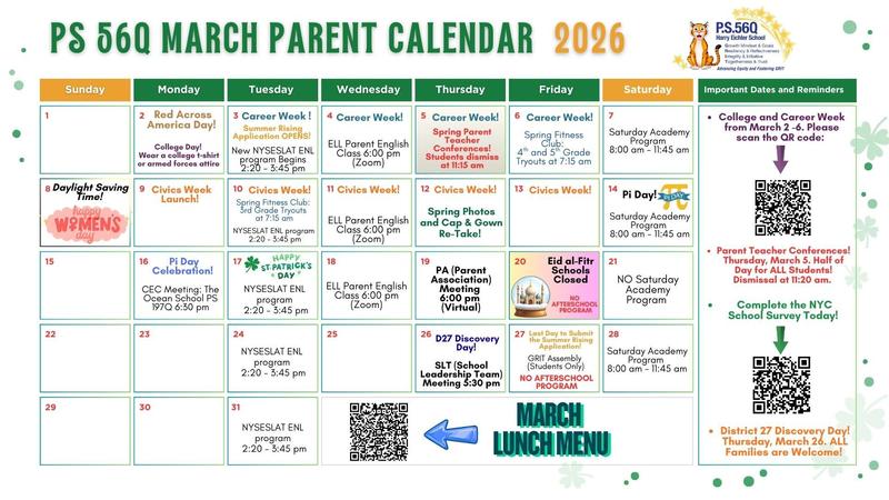 PS 56Q March Parent Calendar 2026
