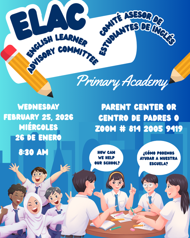 Students cheering for ELAC info- 2/25/26 8:30am, Hybrid mtg- Zoom or Parent Center