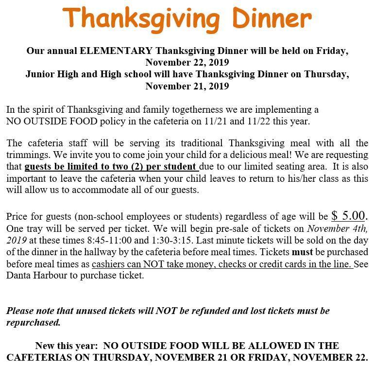 Thanksgiving meal information for high school