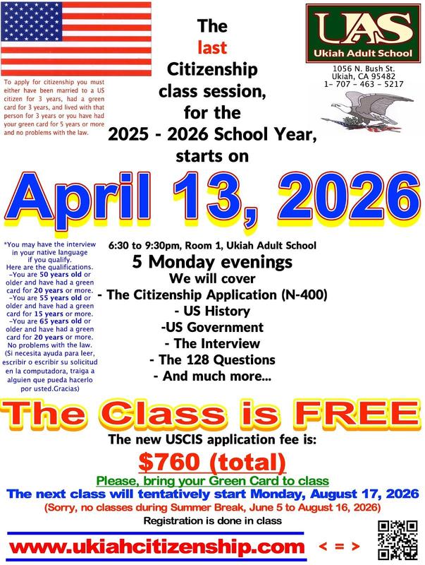 The last citizebship class session, for the 25 - 26 school year, starts on 04/13/2026 poster.