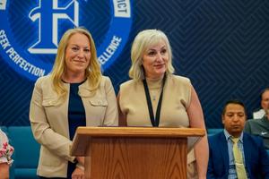 Cathy Barnhill and Dr. McCord at the Frenship ISD Board Meeting