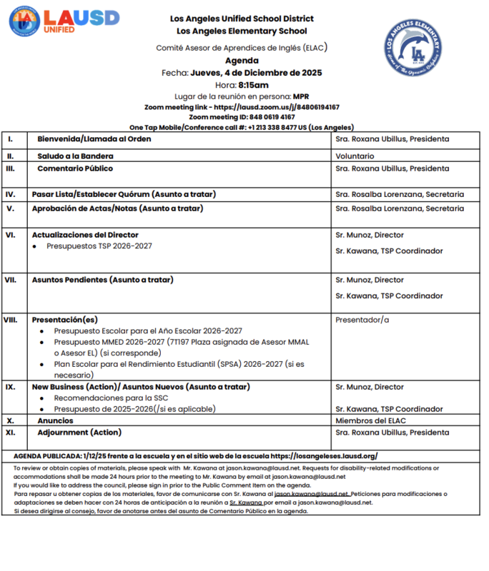 12-4-25 ELAC Agenda/Agenda de ELAC