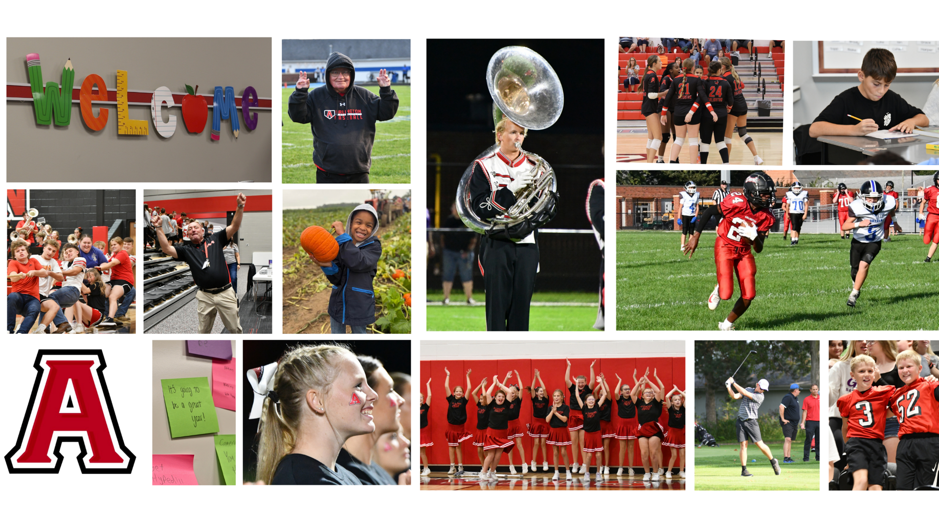 Similar to the first collage, showcasing school spirit, sports, and welcoming elements.
