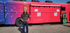 McBee student poses outside of SCETV's Pink Bus