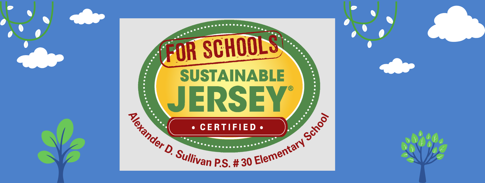 Certification logo for Sustainable Jersey for Schools with a colorful background.