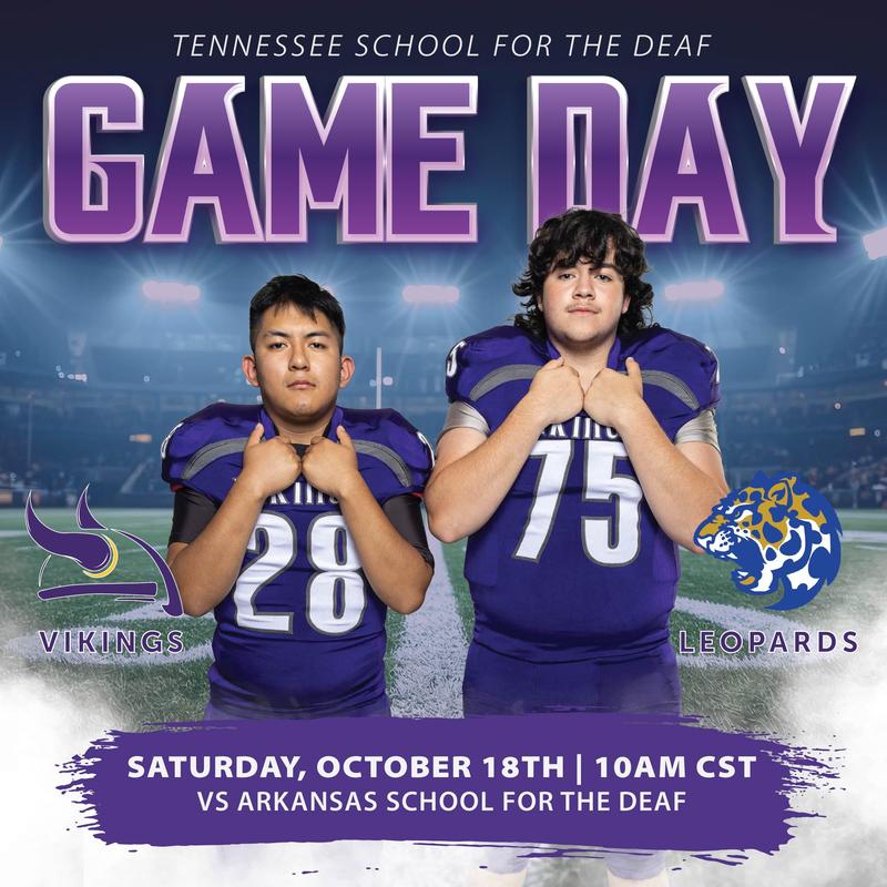 Two male football players posing on a flyer to announce their upcoming game.