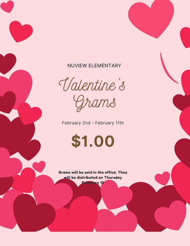 Valentine's Grams on sale Feb 2–11 for $1.00 in the office. Grams will be distributed on Thursday, Feb 12. Pink background with a decorative red and pink heart border.