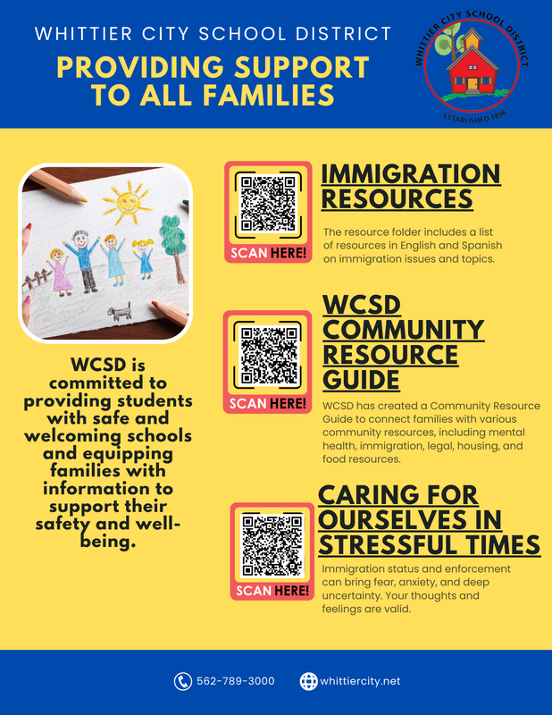 Support resources for families in English with QR codes for immigration and community aid.