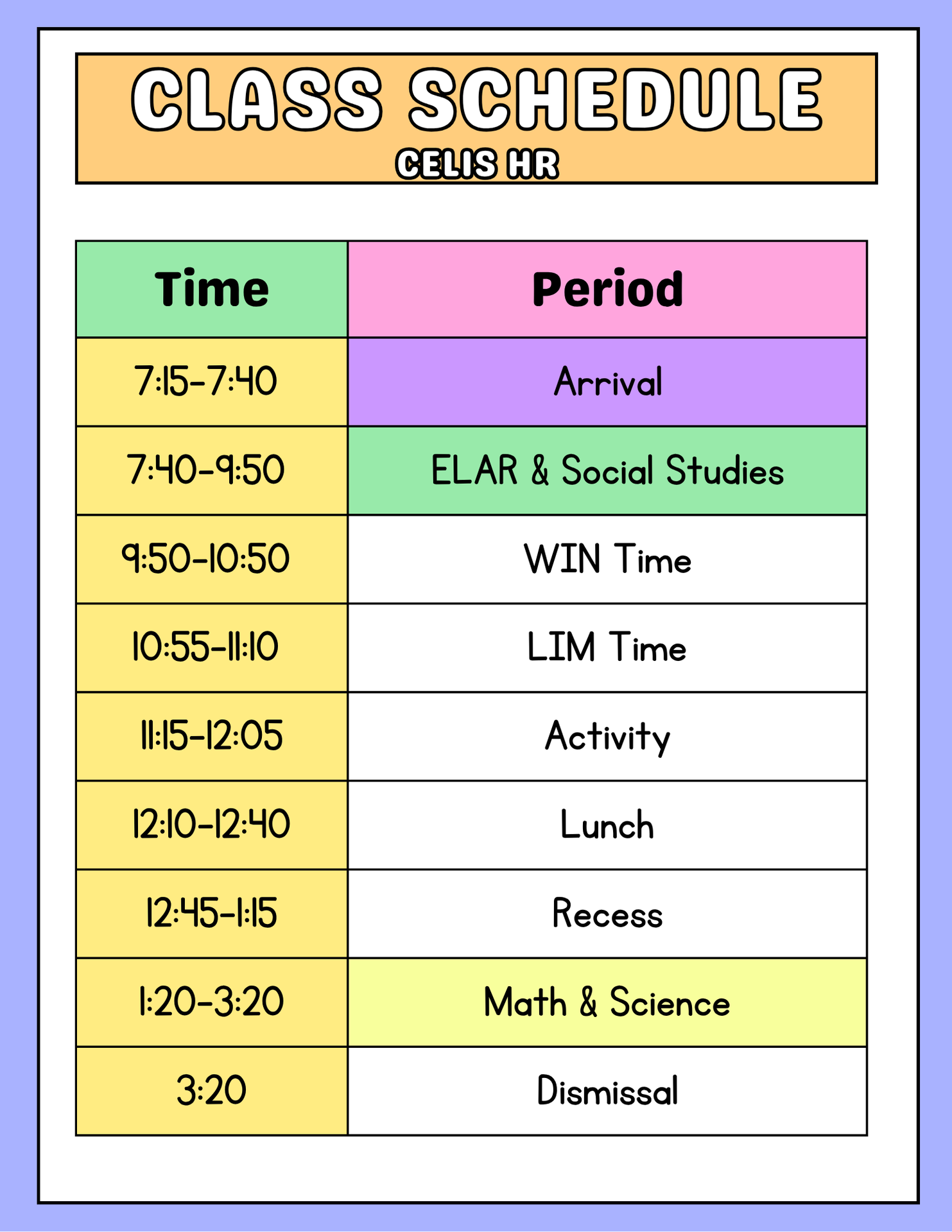 Celis Homeroom Class Schedule