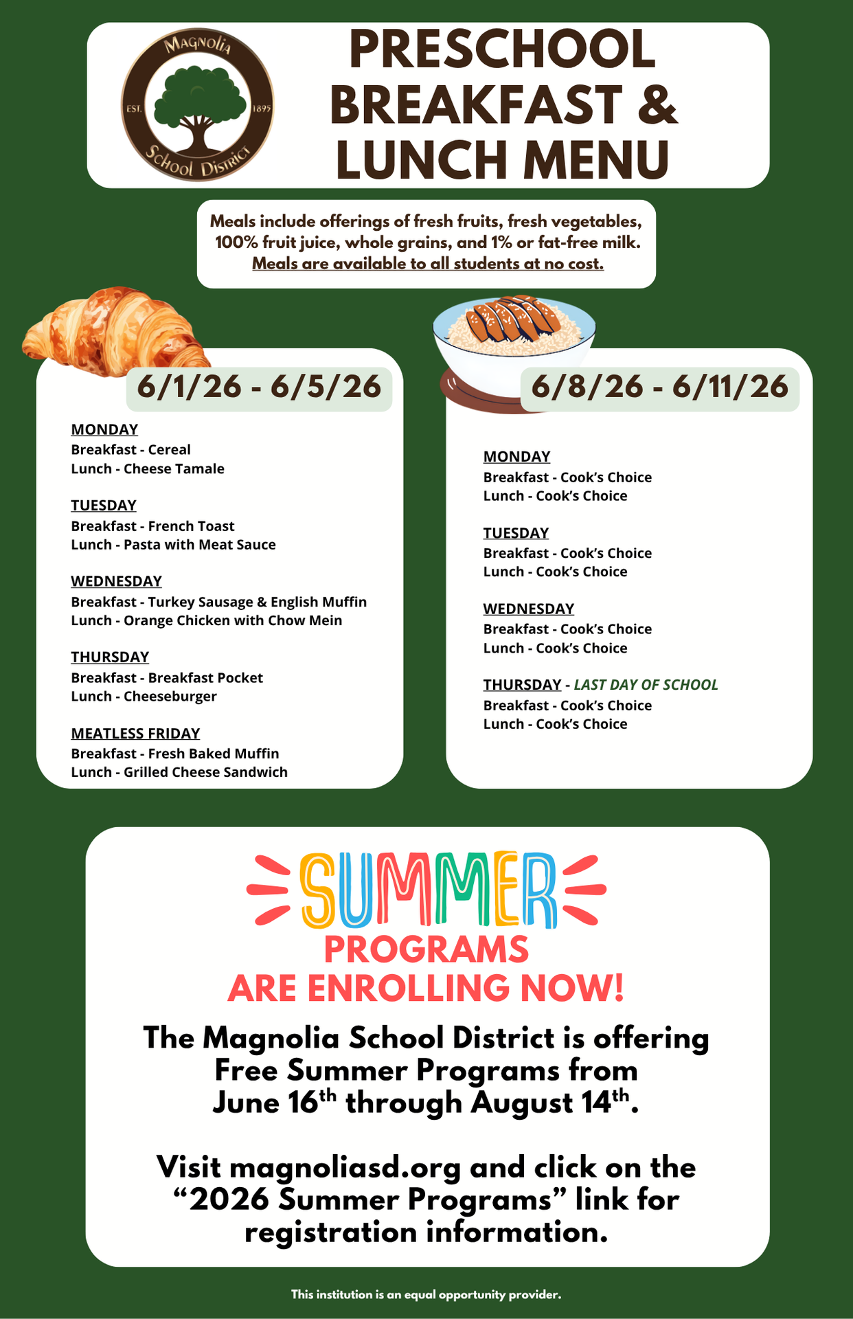 Preschool Breakfast and Lunch Menu JUNE 2026