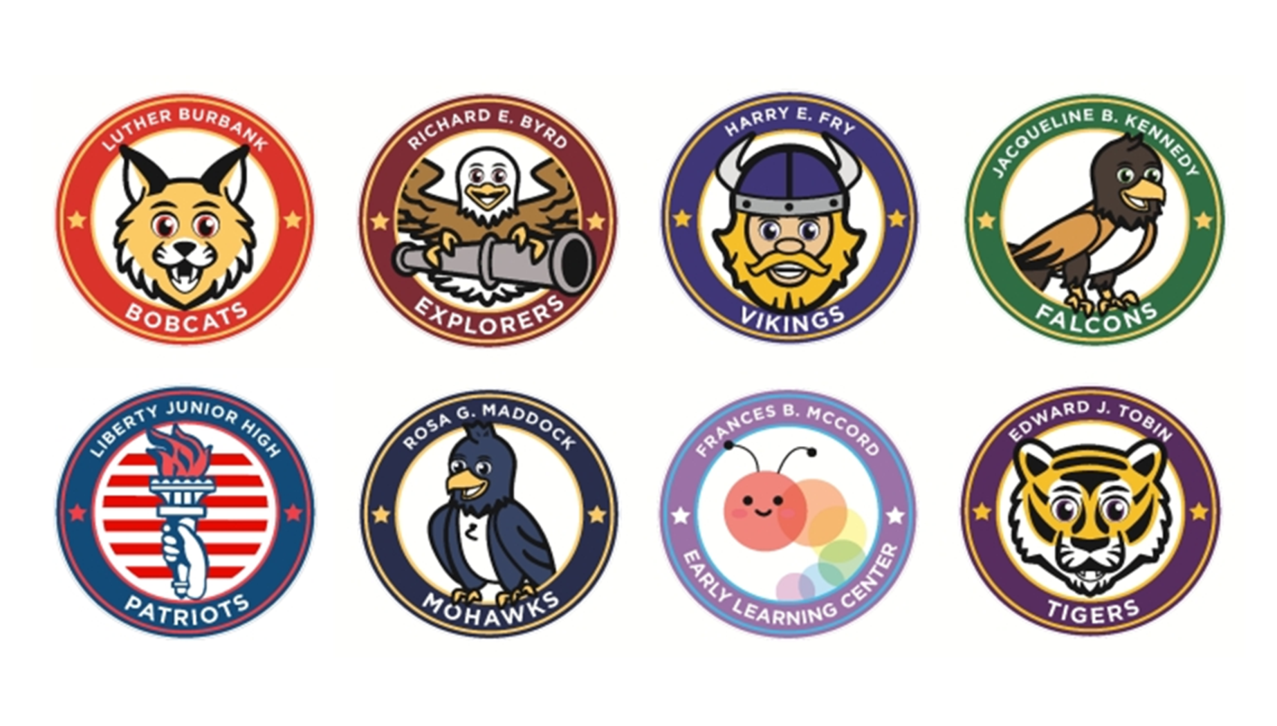 Round school logos featuring mascots and symbols for different teams.