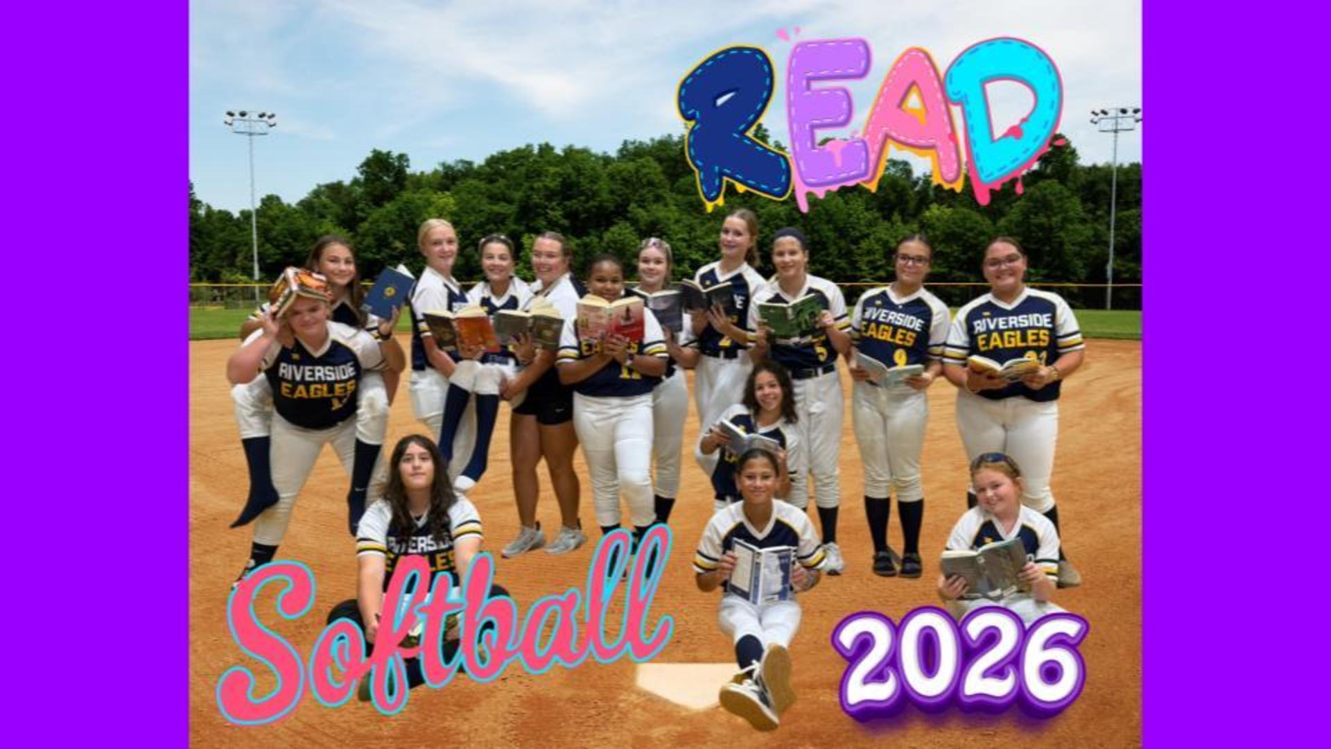 Softball team holding books, promoting reading, with vibrant colors and a 2026 theme.