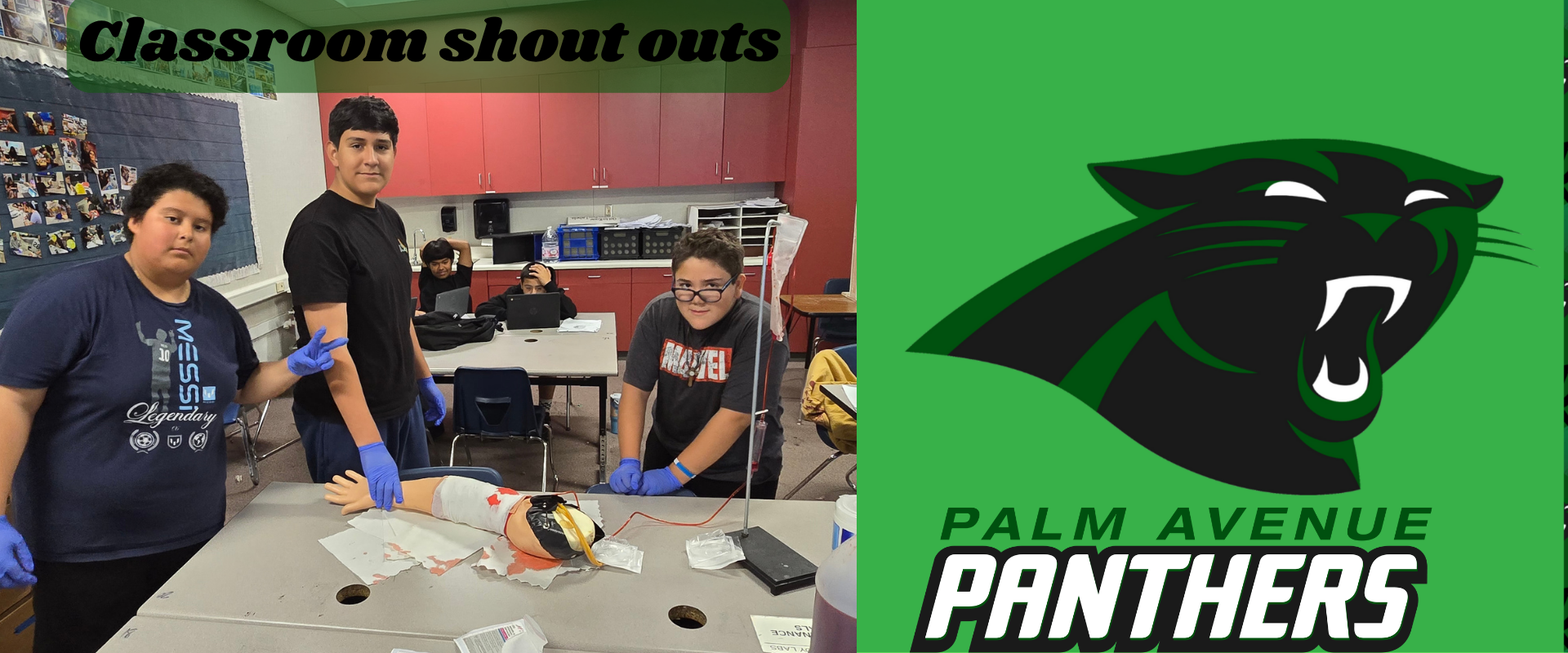 Students engaging in a classroom activity with shout outs displayed.