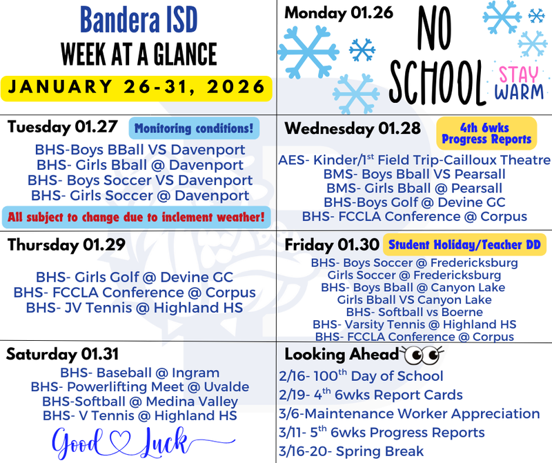 week at a glance for the week of 1/26-1/31