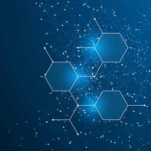 Hexagonal shapes connected by lines over a blue background.