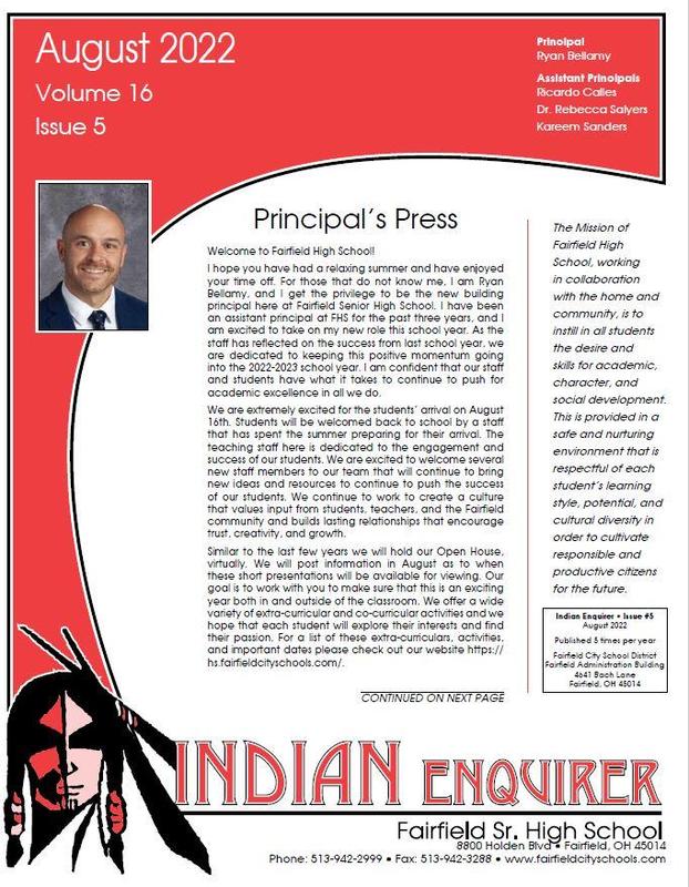 Image of the cover page of the FHS Indian Enquirer.