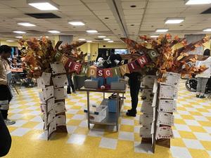 Friendsgiving fall tree decorated with students' expressions of thankfulness