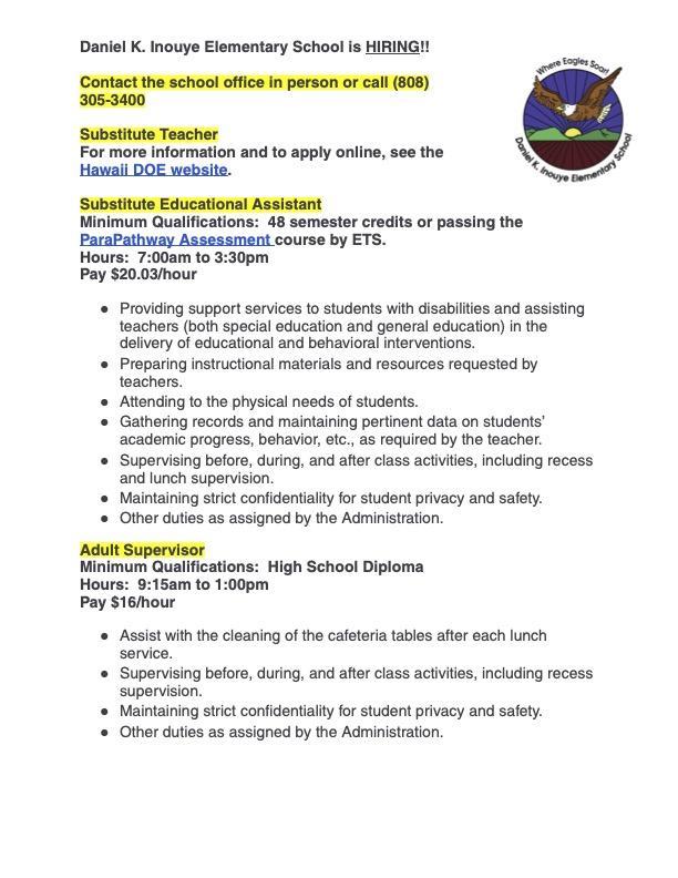Daniel K. Inouye Elementary School is HIRING!! Job opportunities 7/10/26