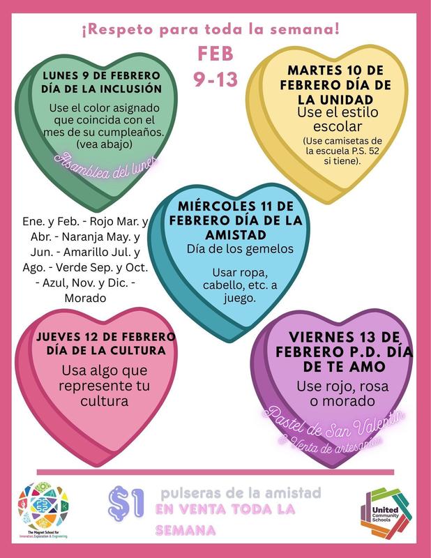 Candy hearts with respect for all week activities - Spanish