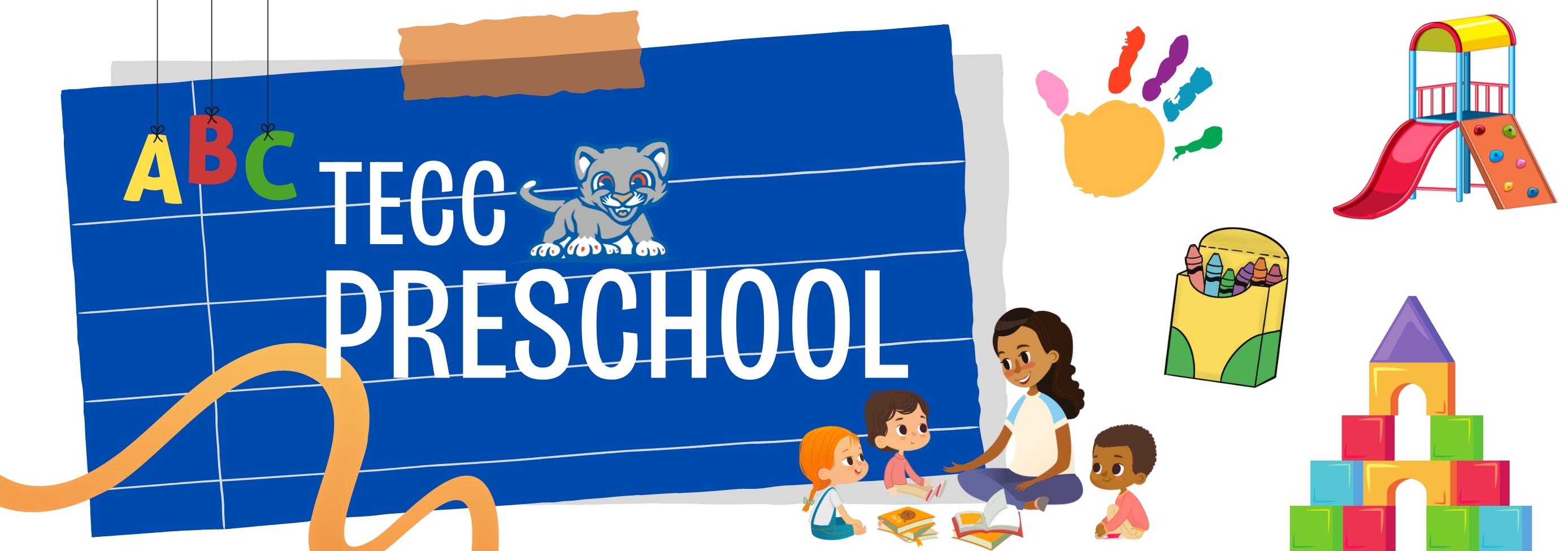 TECC Preschool, abc's, teacher reading to students, crayons, playground, blocks, hand print graphics