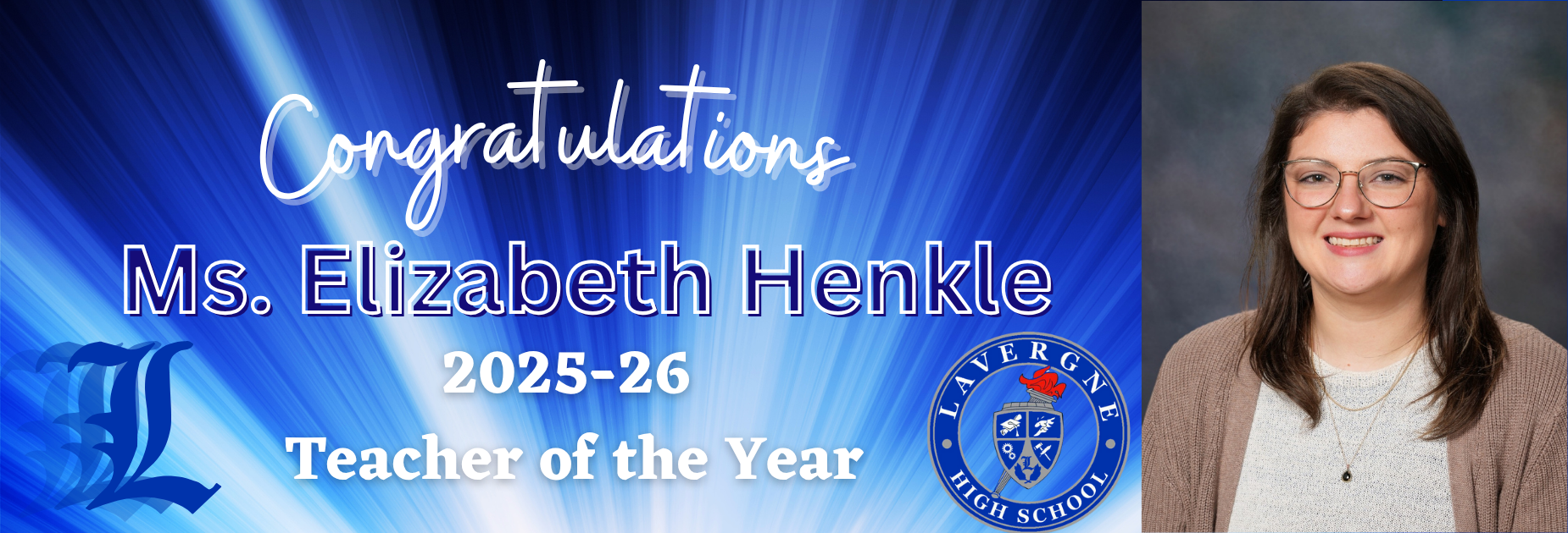 blue background with LHS crest and LHS L and a photo of Ms. Henkle