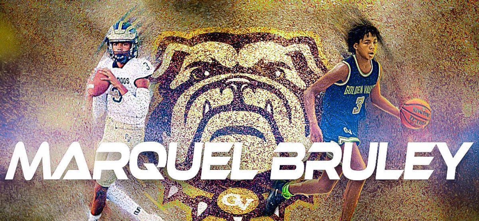 A split image featuring Marquel Bruley in football and basketball gear with a bulldog logo.