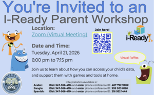 Invitation to an I-Ready Parent Workshop with details and QR code.